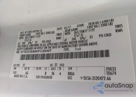 2017 Ford F-150 Xl из США, поврежденный, VIN 1FTEX1E89HFC29307